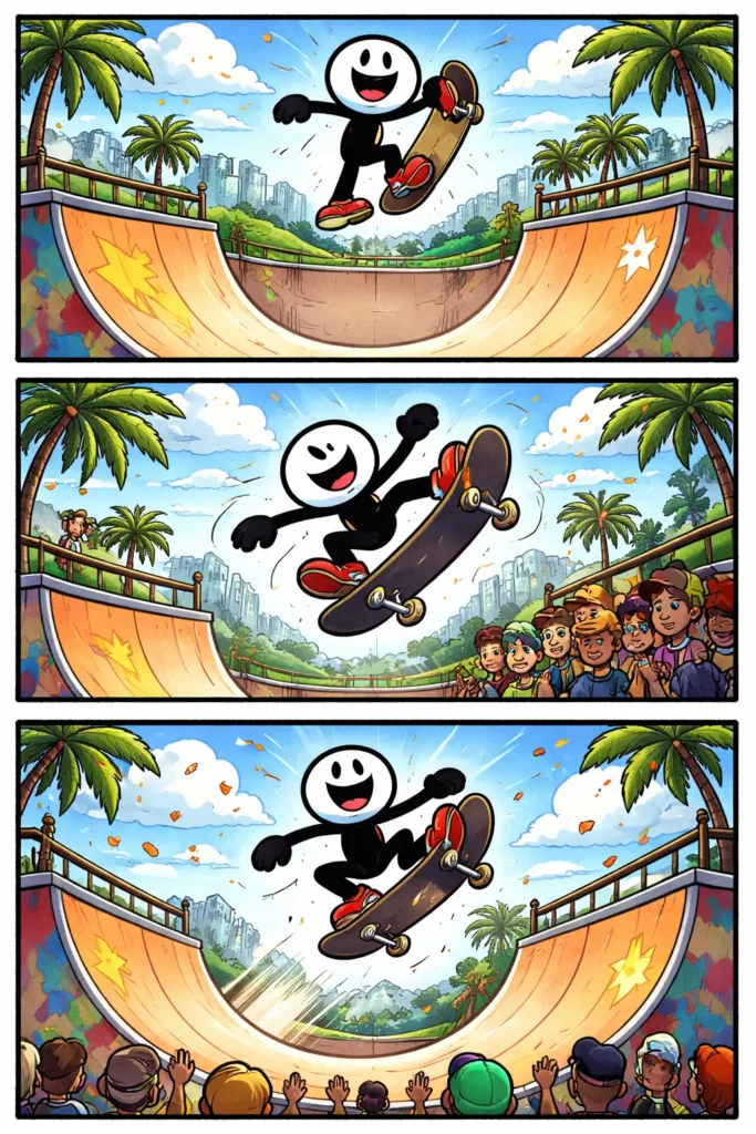 Stripafbeelding van een stickman in Toonwords-stijl die tricks uitvoert in een halfpipe, in kleur, zonder tekst.