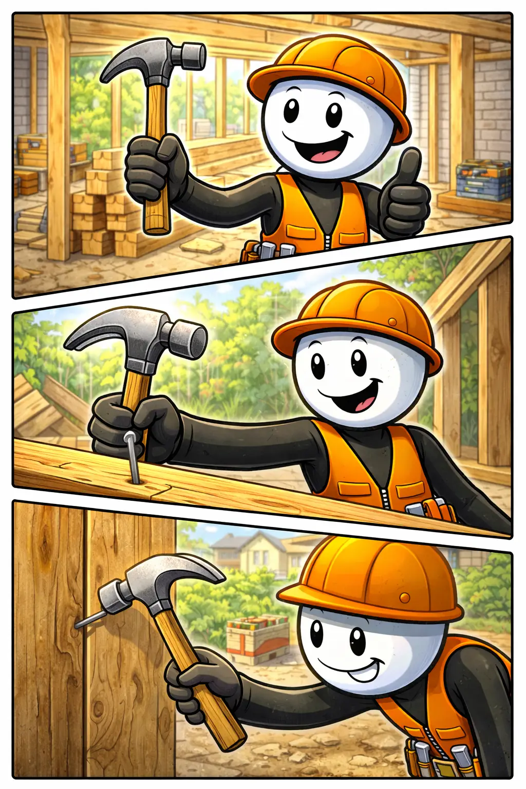 Toonwords-stripafbeelding van een stickman die met een hamer een spijker in hout slaat, bij het Nederlandse woord Hamer.