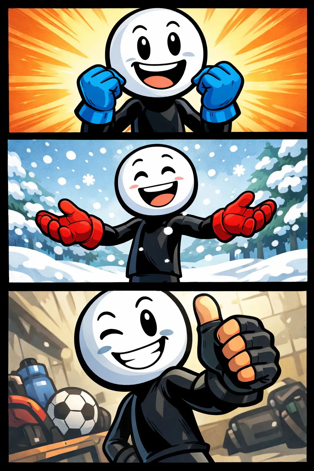 Stickman met witte kop en zwart lichaam draagt handschoenen tijdens een koude dag.