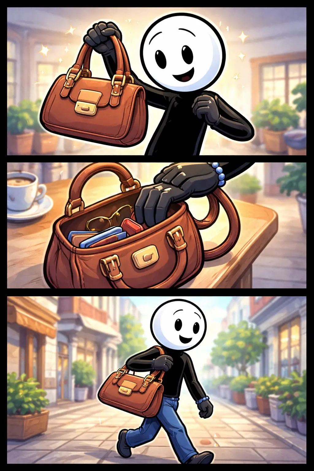 Toonwords-strip met een stickman die in drie panelen een handtas draagt, opent en meeneemt.