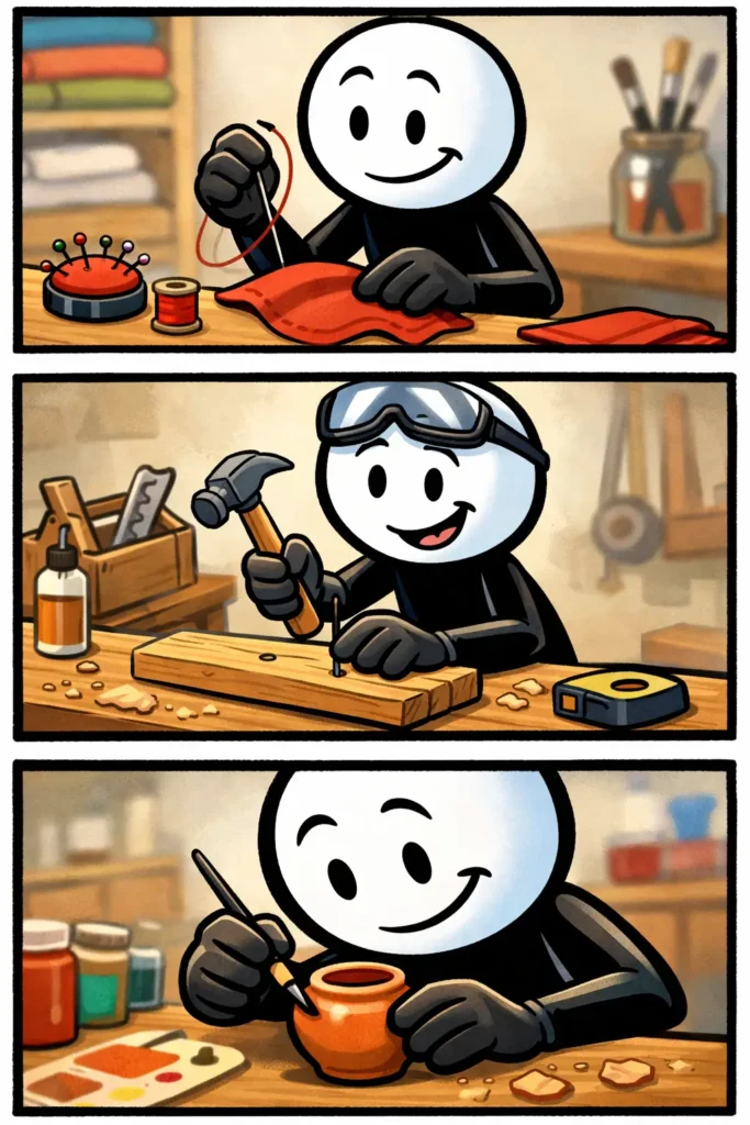 Stickman in drie panelen die handwerk uitvoert met verschillende materialen — toonword handwerk.