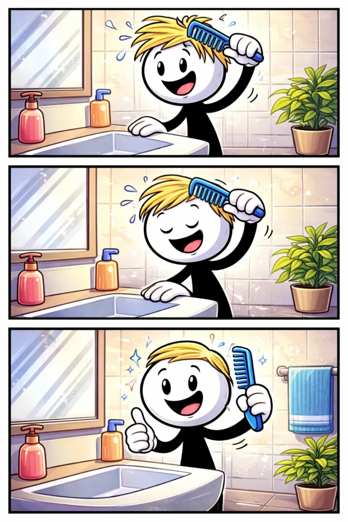 Stickman kamt zijn haar netjes tijdens haren kammen in een kleurrijke strip met drie panelen.