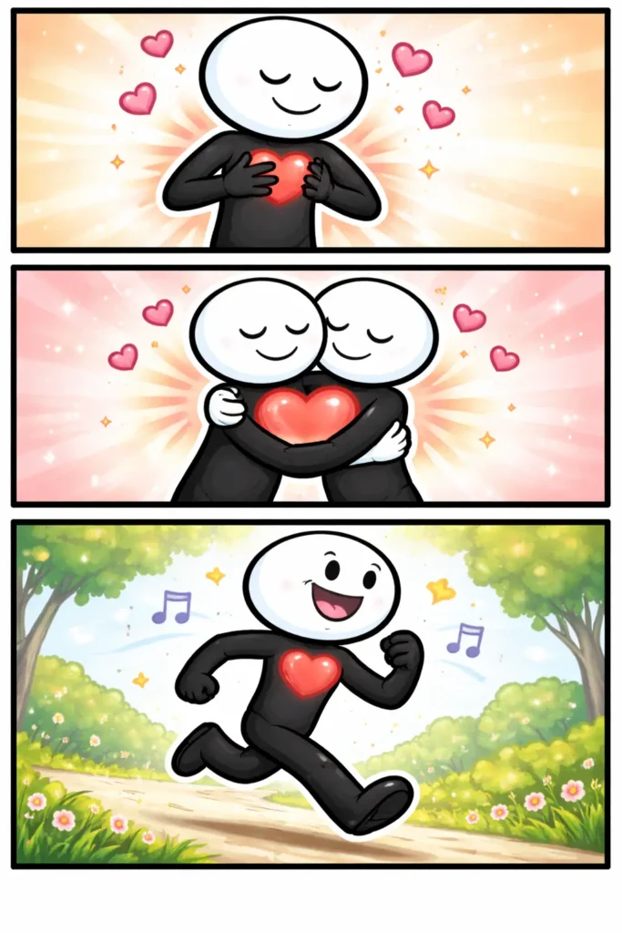 Stickman met zichtbaar hart dat klopt in drie opeenvolgende panelen in Toonwords-stijl.