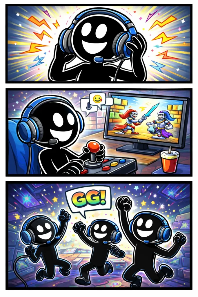 Driepaneel-strip met stickman in Toonwords-stijl die een headset draagt tijdens het gamen.