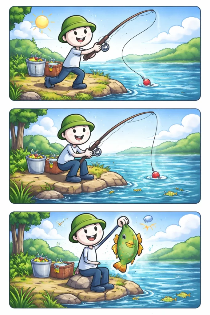 Stripafbeelding in Toonwords-stijl van een stickman met een hengel bij het water.