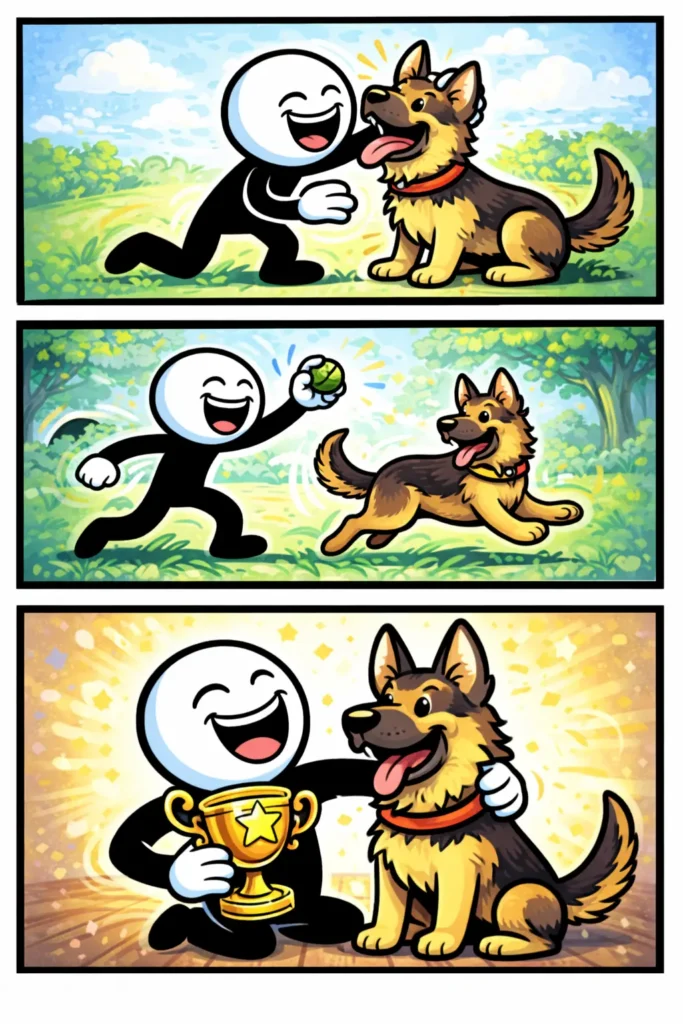 Stickman in Toonwords-stijl die samen speelt en samenwerkt met een herdershond, verdeeld over drie panelen, bij het woord Herdershond.