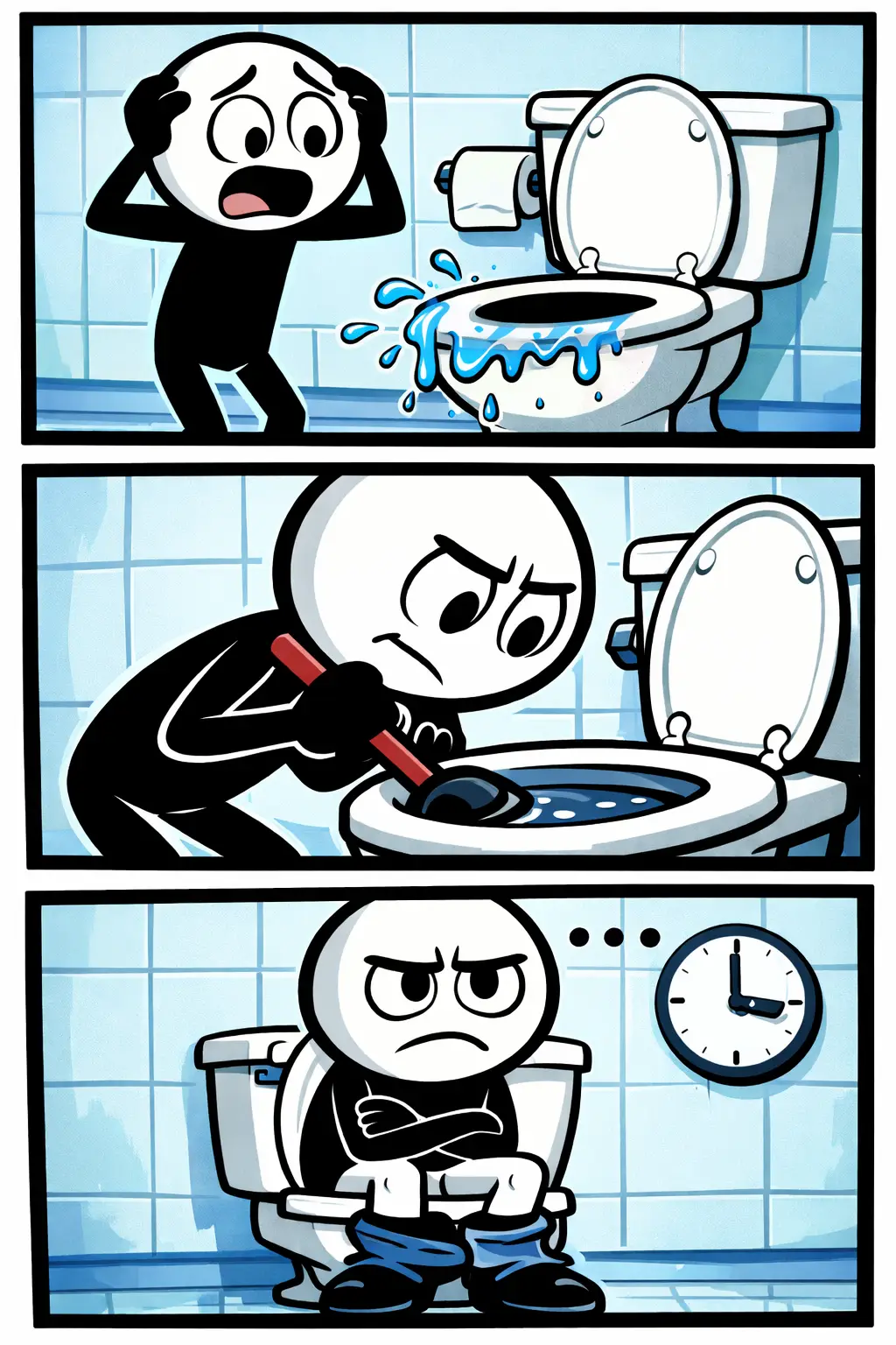 Stickman die ontdekt dat het toilet kapot is in Toonwords-stijl.