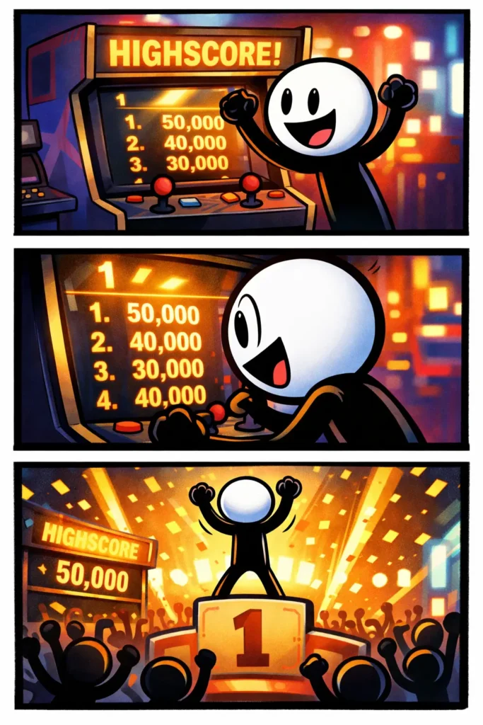 Stickman die bij een spelautomaat blij een nieuwe highscore behaalt in Toonwords-stijl.