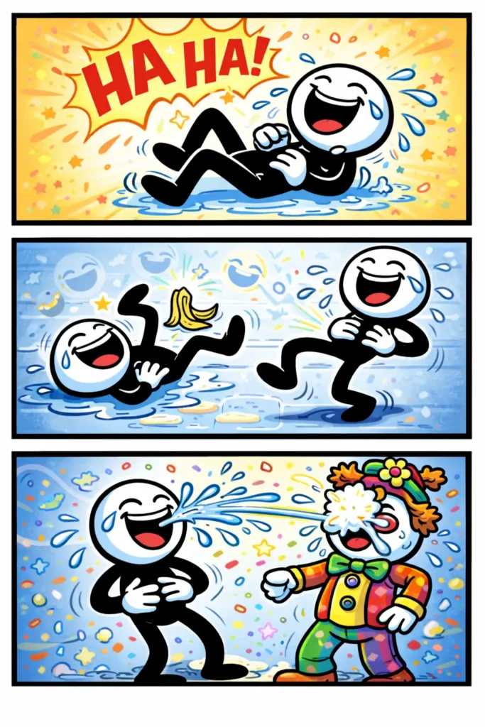 Stickman in Toonwords-stijl die extreem hard lacht in overdreven grappige situaties, verdeeld over drie panelen, bij het woord hilarisch.