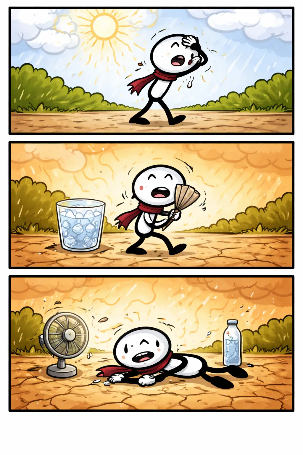 Stripafbeelding van een stickman die een hittegolf ervaart met felle zon en aanhoudende warmte.