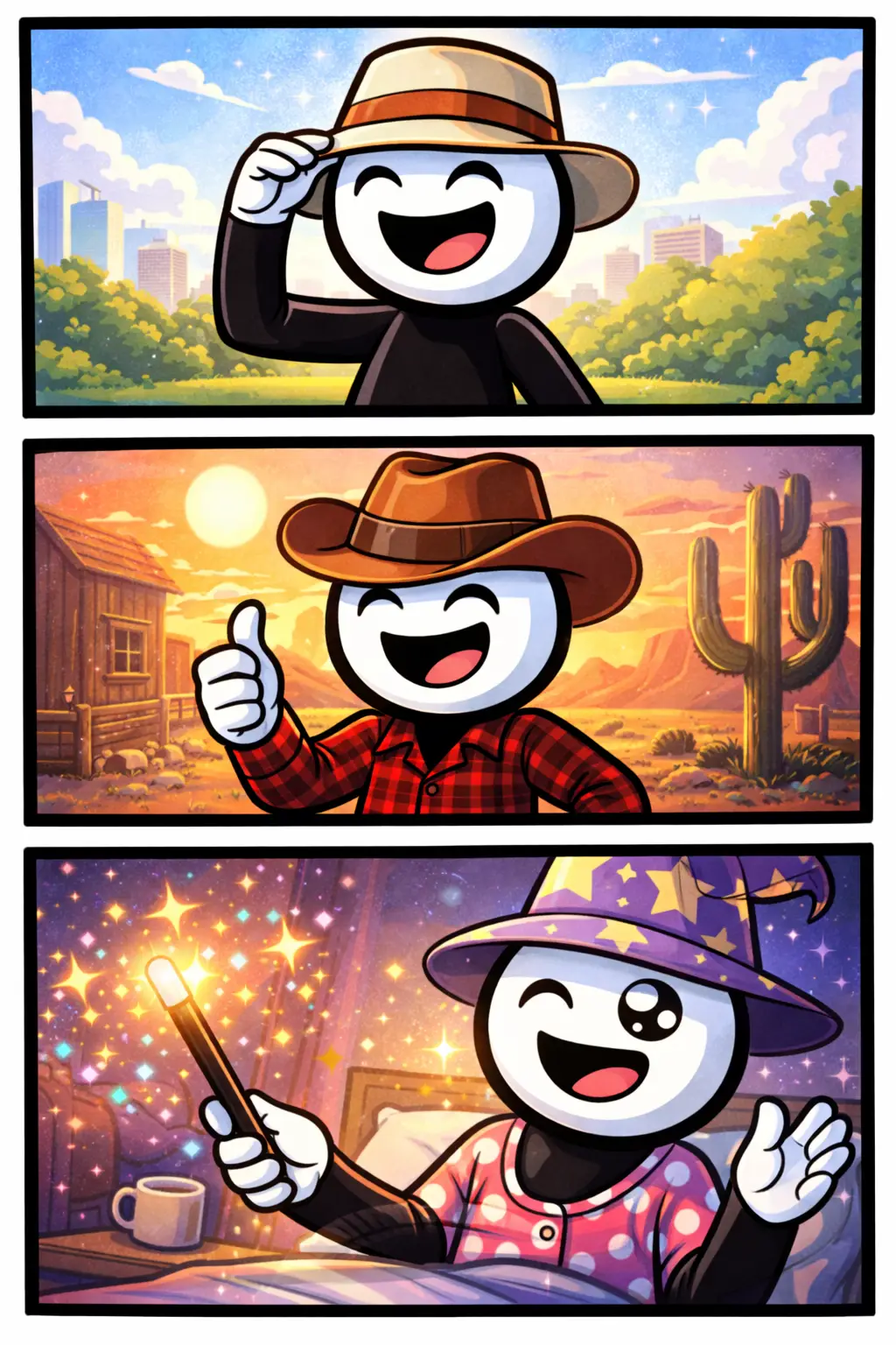 Stickman in Toonwords-stijl die verschillende hoeden draagt in drie vrolijke scènes.