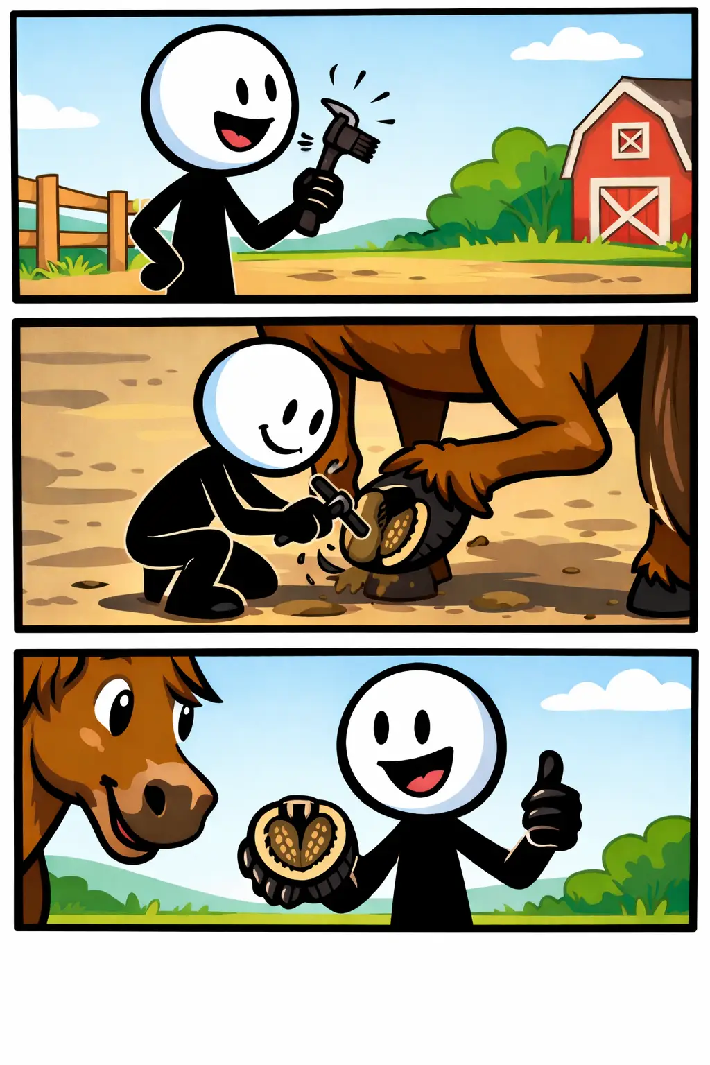 Een stickman gebruikt een hoefkrabber terwijl hij de hoefkrabber stevig vasthoudt tijdens het schoonmaken van een hoef.