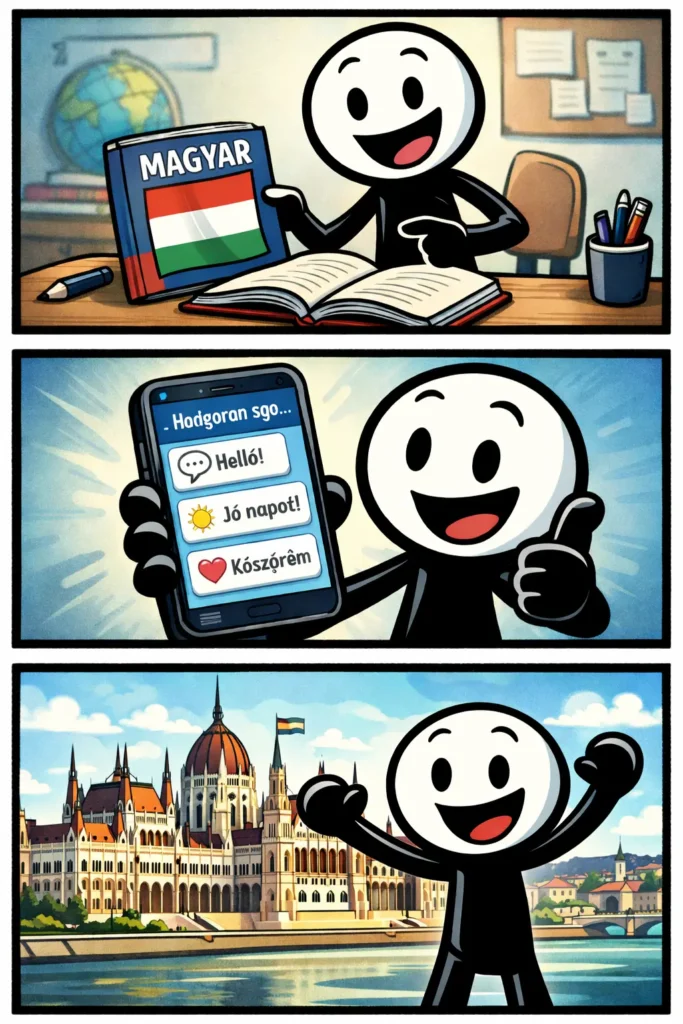 Alt-tekst (Nederlands):

Strip van een stickman die de taal Hongaars leert met een studieboek, een leer-app en een herkenbaar Hongaars landschap.

Alt-tekst (Hongaars):

Képregény egy pálcikafigurával, aki a magyar nyelvet tanul tankönyvvel, nyelvtanuló alkalmazással és jellegzetes magyar tájjal.
