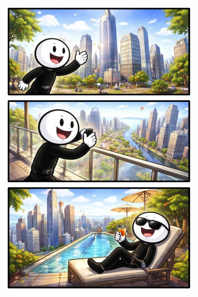 Toonwords-strip met een stickman bij hoogbouw, gezien vanaf straatniveau, van halverwege en van bovenaf tussen hoge gebouwen.