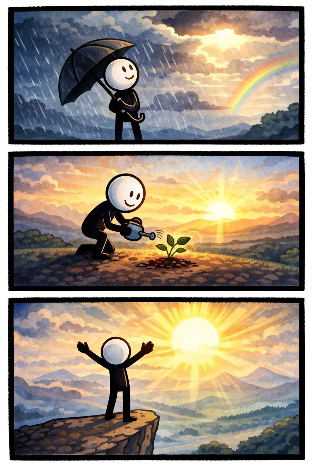 Driepanelenstrip met een stickman in Toonwords-stijl die het woord Hoop laat zien door regen, groei en een opgaande zon.