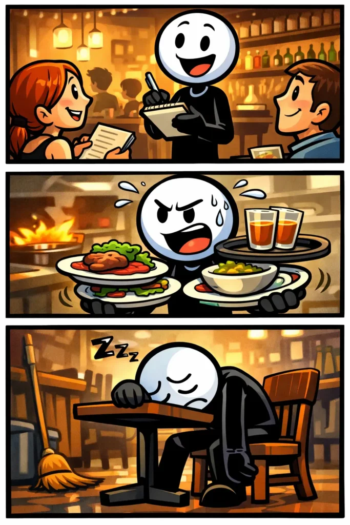 Stickman die bezig is met horecawerk in drie panelen, met het woord “Horecawerk”.