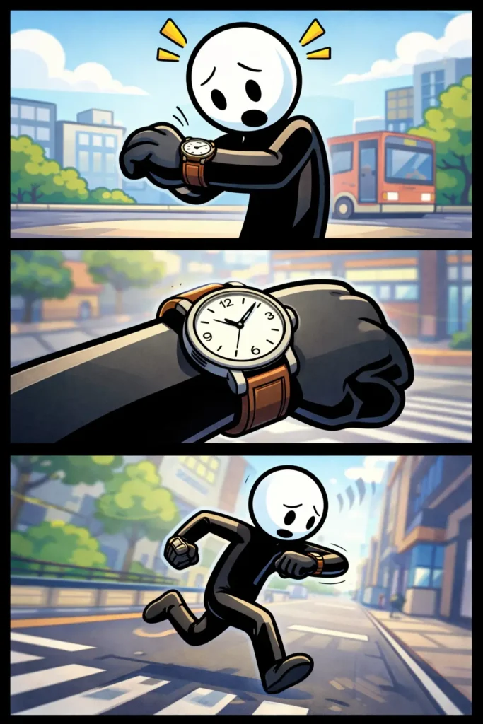 Toonwords-strip met een stickman die in drie panelen op zijn horloge kijkt en de tijd controleert.
