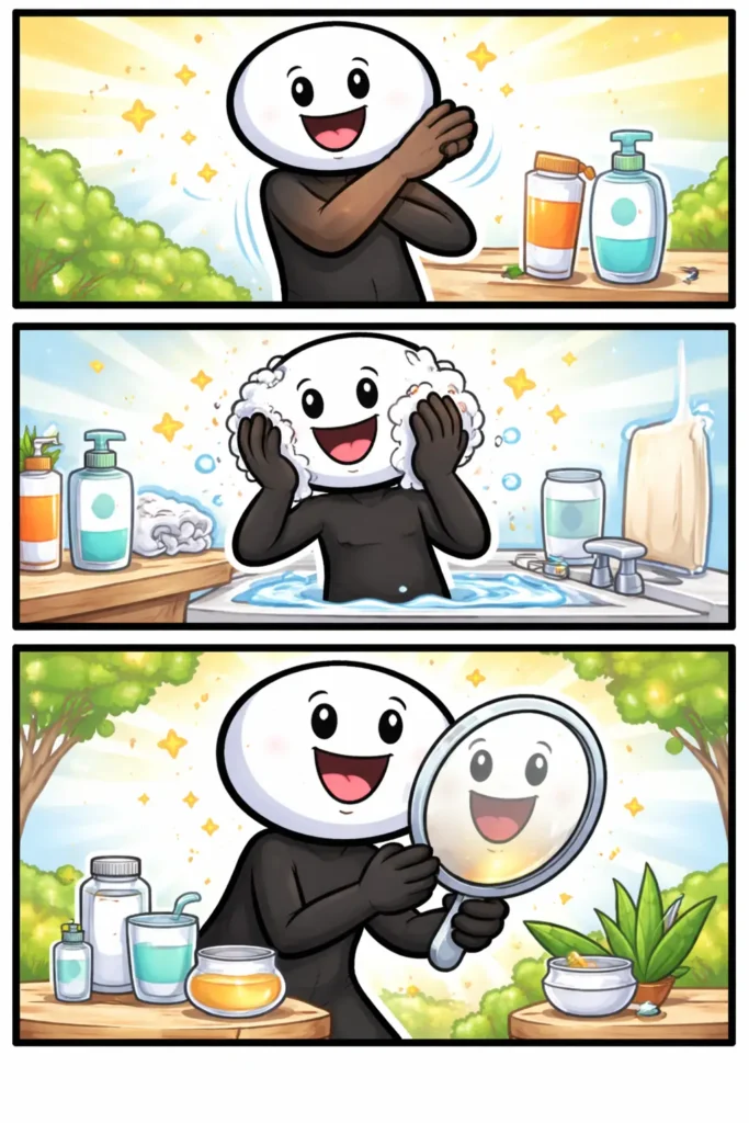 Stickman met nadruk op de huid als beschermende laag, afgebeeld in drie opeenvolgende panelen in Toonwords-stijl.