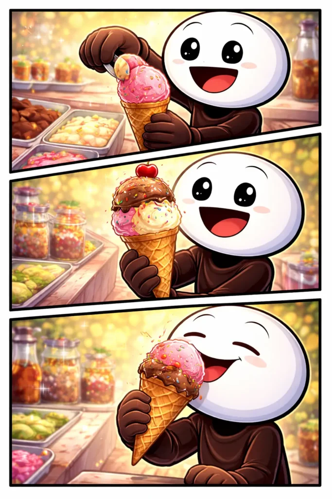 stickman die een ijsje schept, vasthoudt en opeet in drie panelen, passend bij het woord IJsje