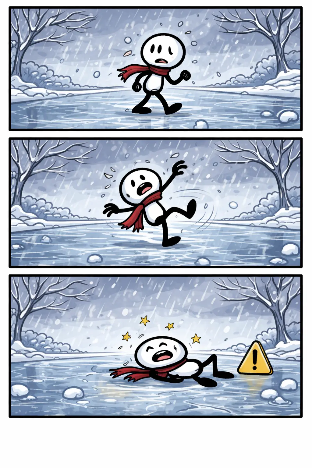 Stripafbeelding van een stickman die uitglijdt tijdens ijzel op een spiegelgladde weg.
