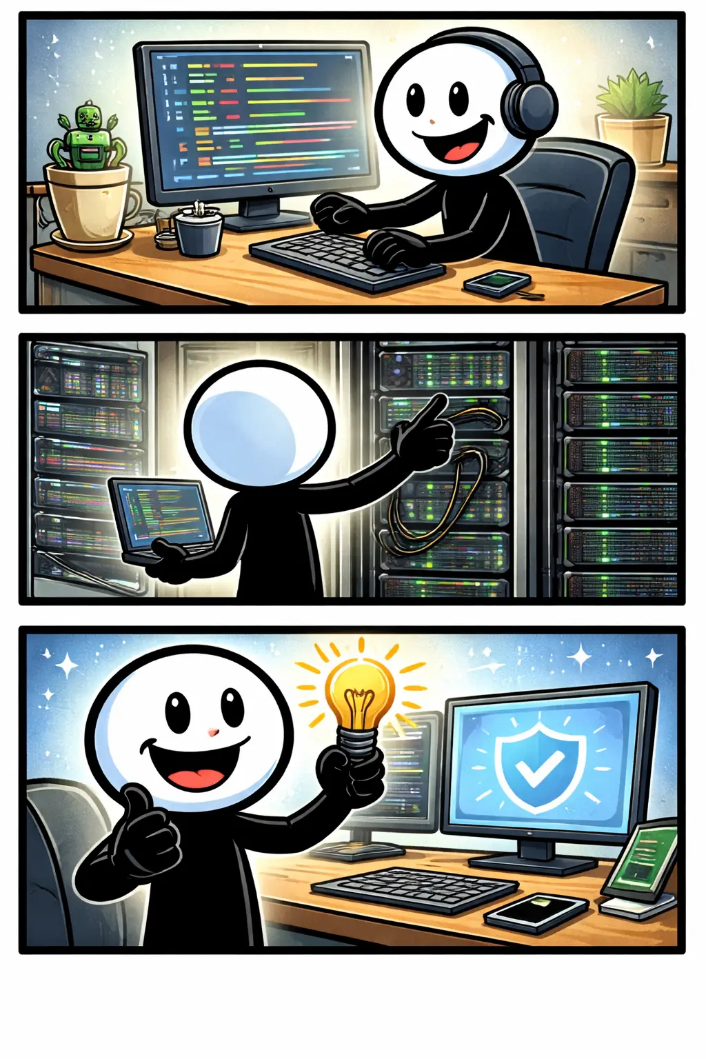 stickman die positief IT-werk doet achter een computerscherm; het woord IT-werk zichtbaar