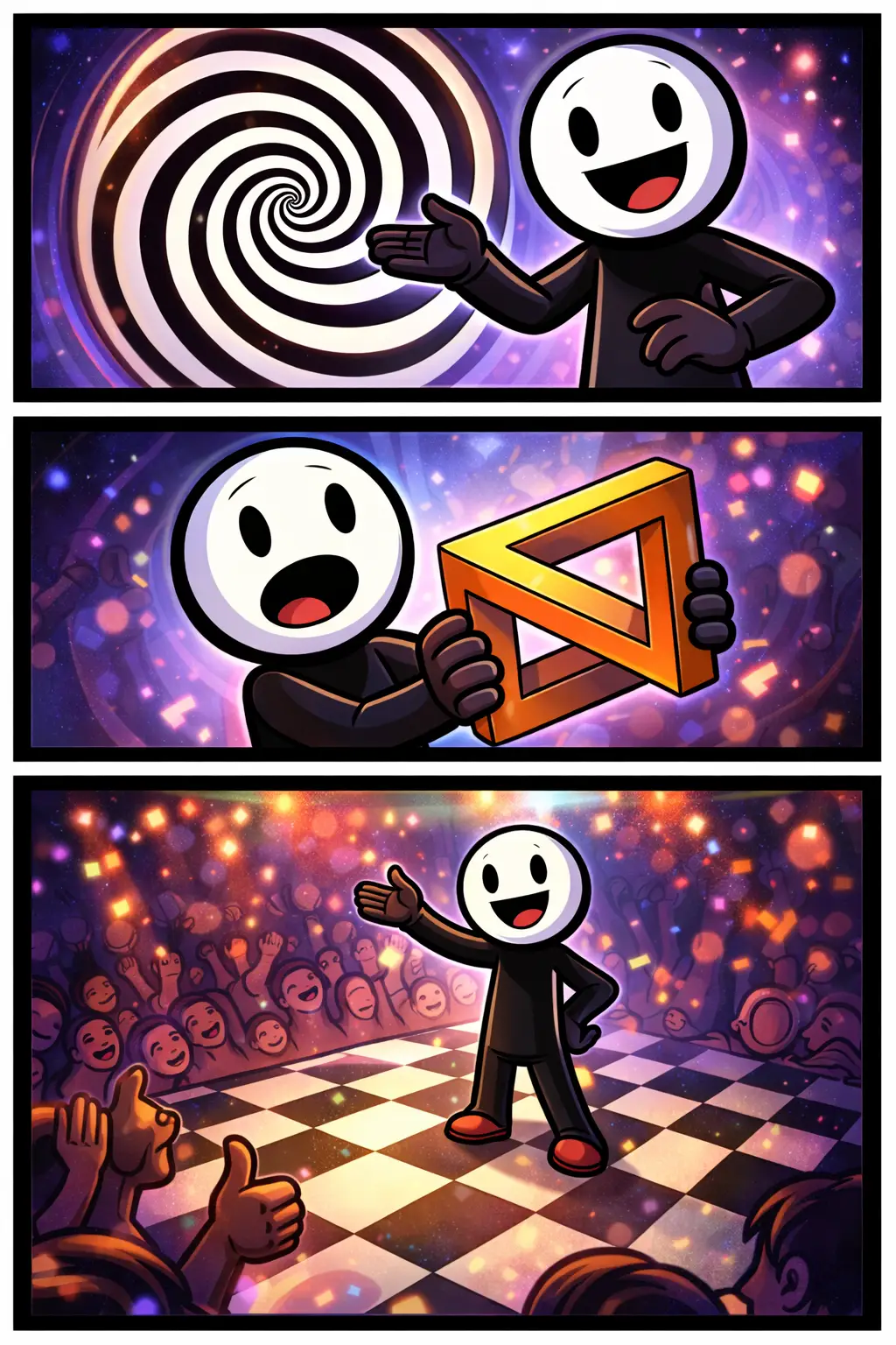 Stickman toont een optische illusie in Toonwords-stijl met draaiend patroon en perspectieftruc.