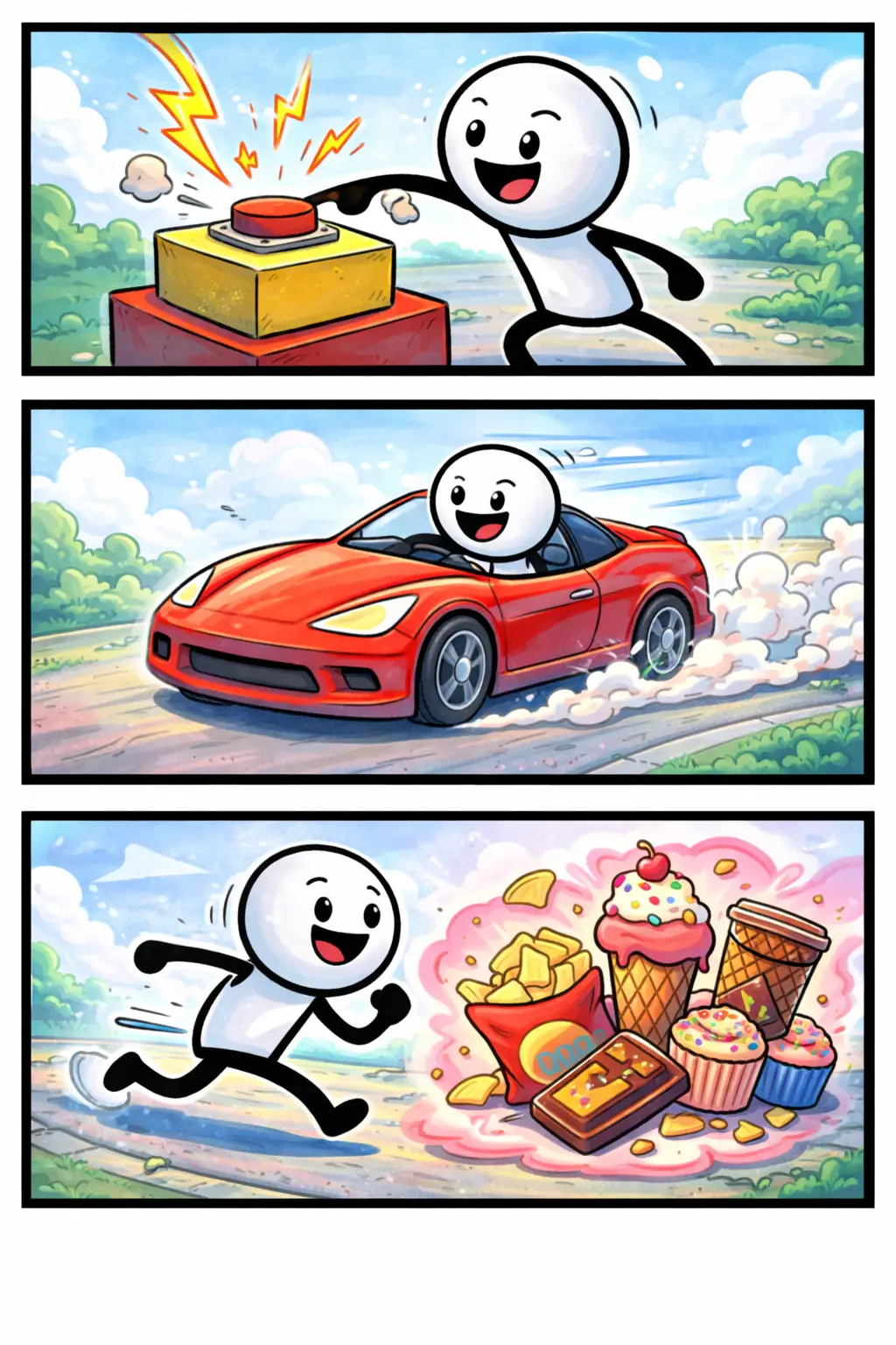 Drie-panelen stripafbeelding in Toonwords-stijl van een stickman die impulsief handelt door direct op een knop te drukken, plots hard weg te rijden en enthousiast op lekkernijen af te rennen, passend bij het Nederlandse woord Impulsief.