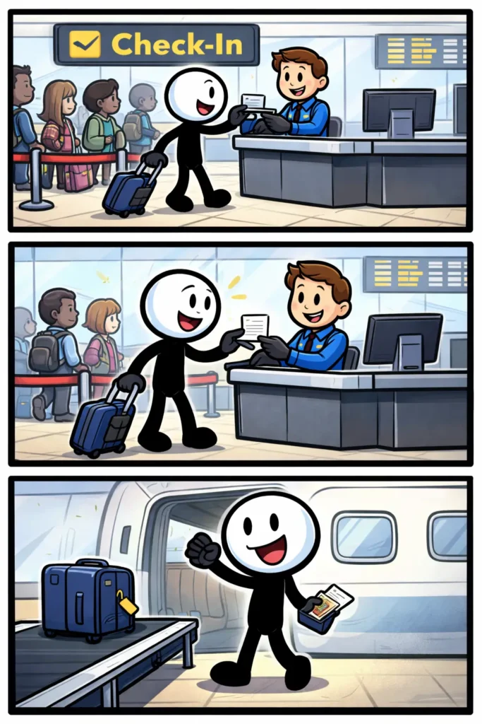 Stripafbeelding met drie panelen van een stickman die aan het inchecken is op de luchthaven, met balie, koffer en het proces van inchecken.