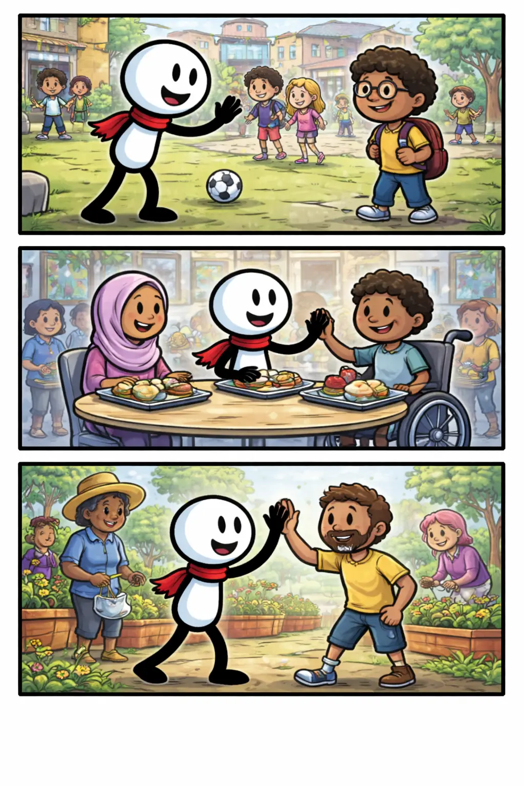 Drie panelen onder elkaar in Toonwords-stijl met een stickman die Inclusie laat zien door samen te zijn met verschillende mensen en iedereen te betrekken.