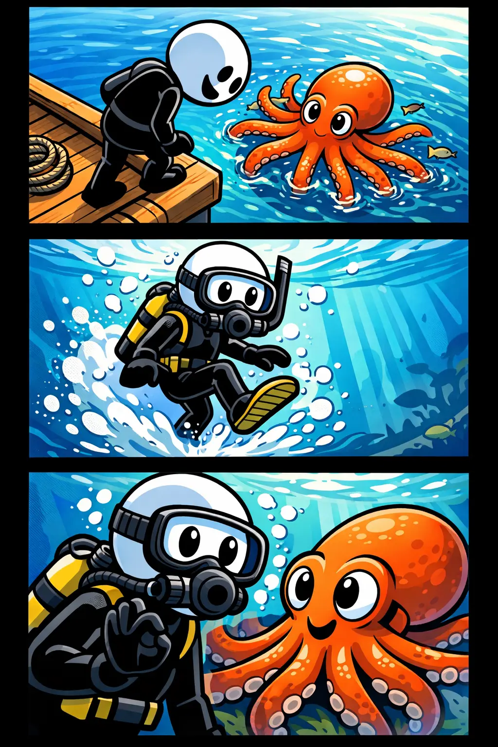 stickman ziet een inktvis in drie scènes: vanaf een boot, duikend met mondstuk en onder water dichtbij de inktvis.