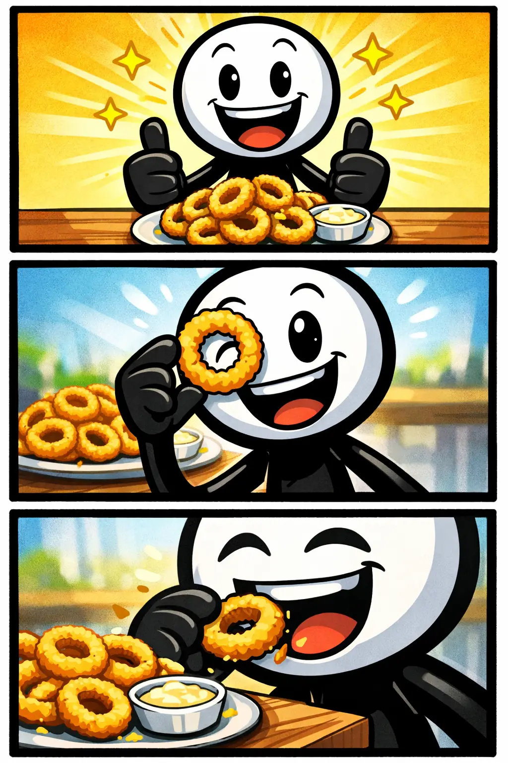 Stickman houdt een bord inktvisringen vast, met een vrolijke blik en duidelijke focus op het eten.