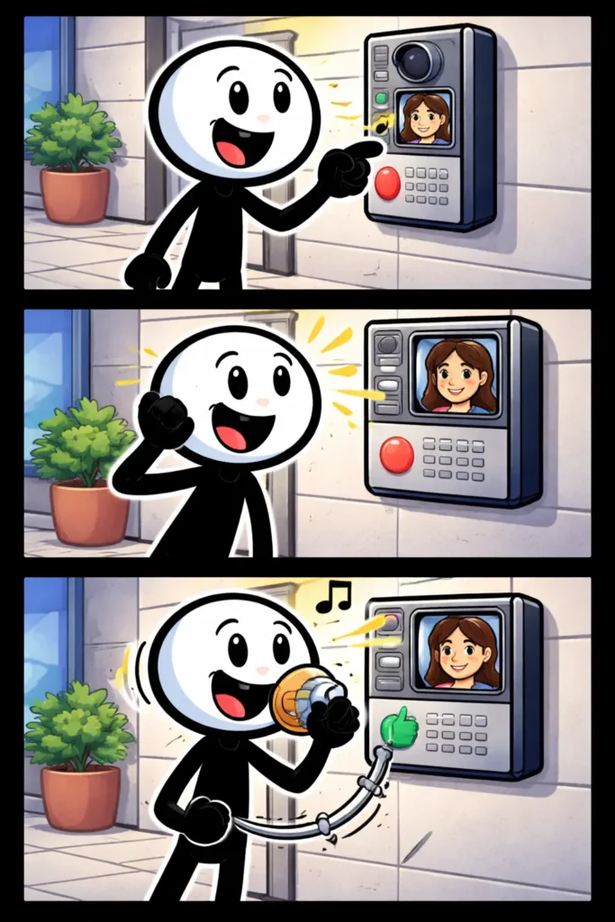 Toonwords-strip met een stickman die een intercom gebruikt bij een deur, passend bij het woord Intercom.