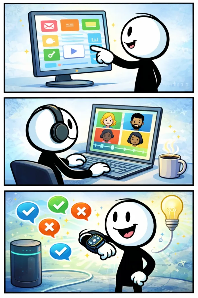 Drie-panelen stripafbeelding in Toonwords-stijl van een stickman die via een interface met technologie samenwerkt, zonder tekst.