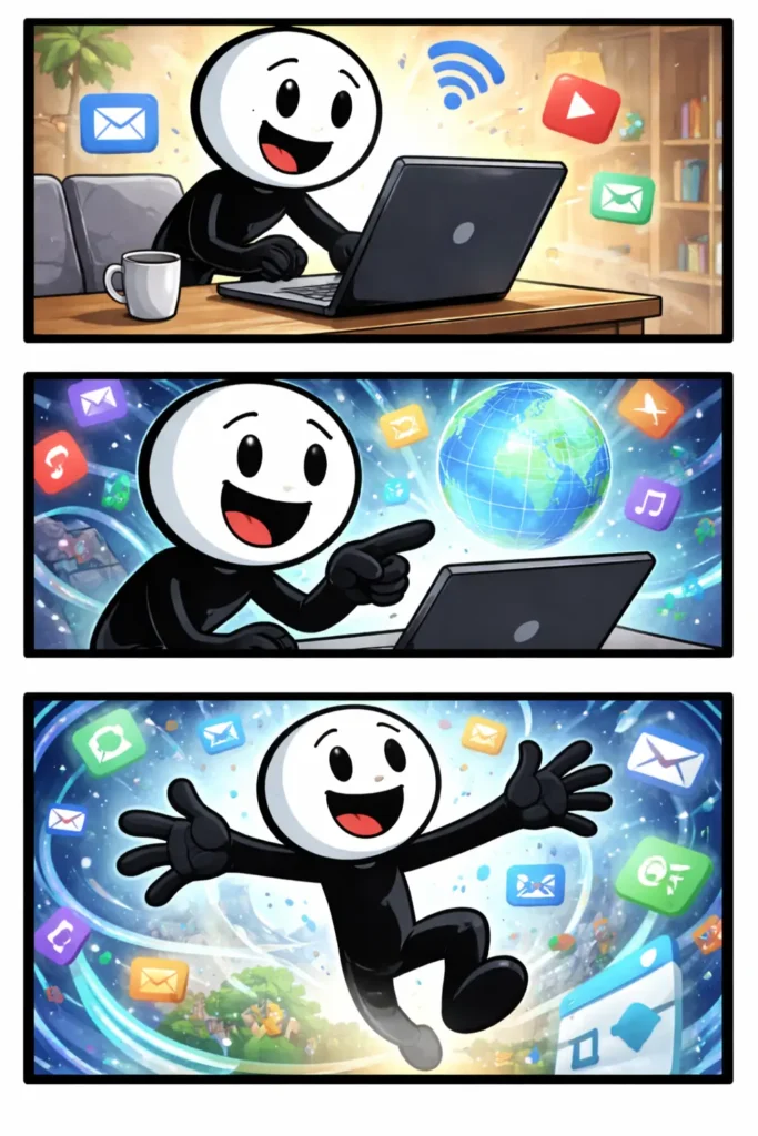 Stickman die het concept van internet uitbeeldt bij een laptop met digitale symbolen eromheen.