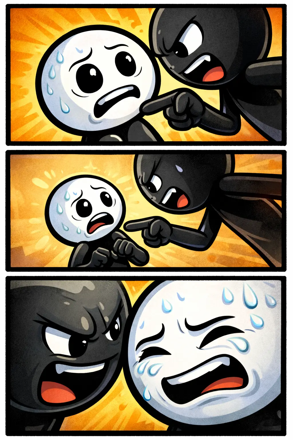 Stickman staat tegenover een andere figuur die intimiderend dichtbij komt, zichtbaar gespannen in een scène over intimidatie.