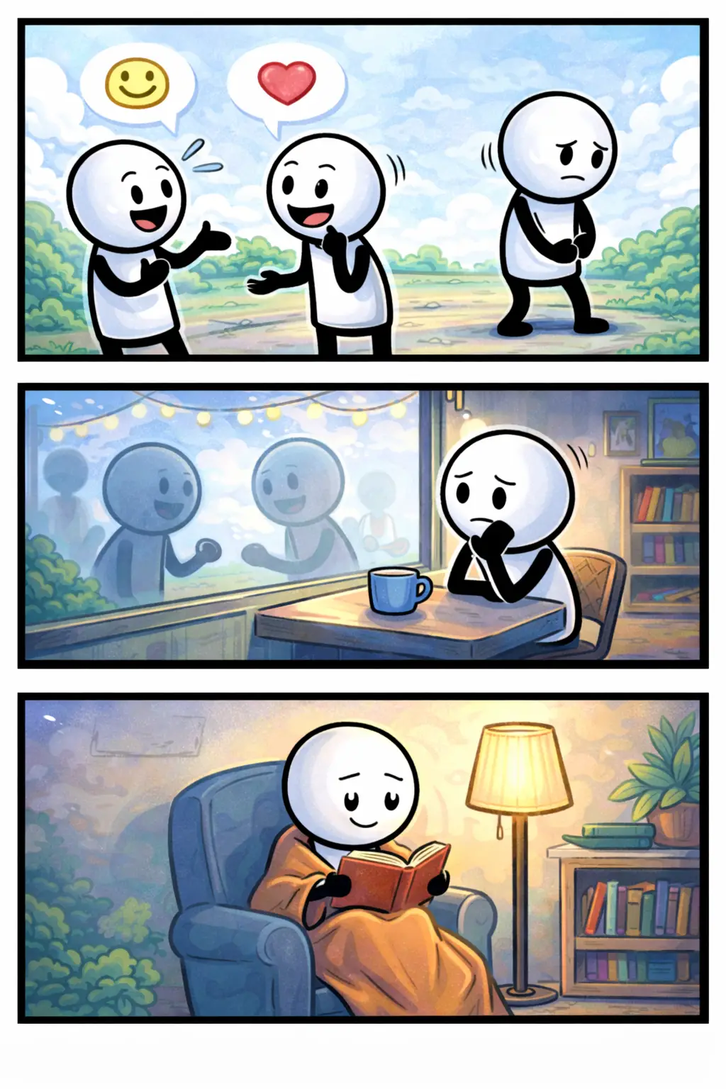 Drie-panelen stripafbeelding in Toonwords-stijl van een stickman die zich introvert opstelt door afstand te nemen van een groep, rustig alleen te zitten en ontspannen een boek te lezen, passend bij het Nederlandse woord Introvert.