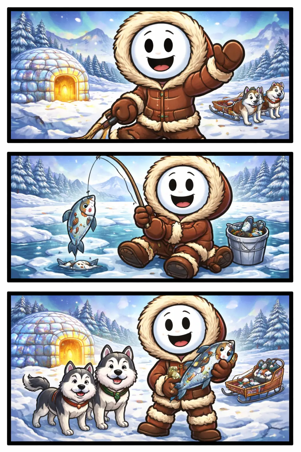 Stickman in Toonwords-stijl die het begrip “Inuit” verbeeldt in een koude Arctische omgeving.