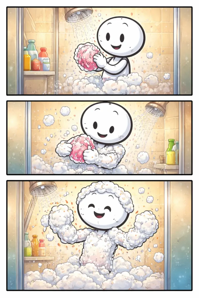 Toonwords-strip met een stickman die zich rustig inzepen met schuim, passend bij het woord Inzepen.