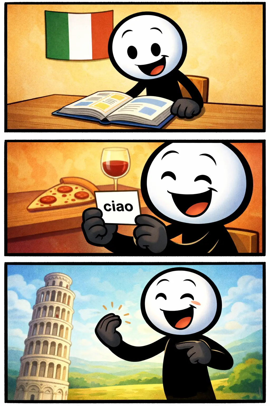 Stickman die Italiaans leert in drie panelen, terwijl het woord Italiaans wordt uitgebeeld. Stickman che impara l’italiano in tre pannelli, mentre la parola italiano viene rappresentata.