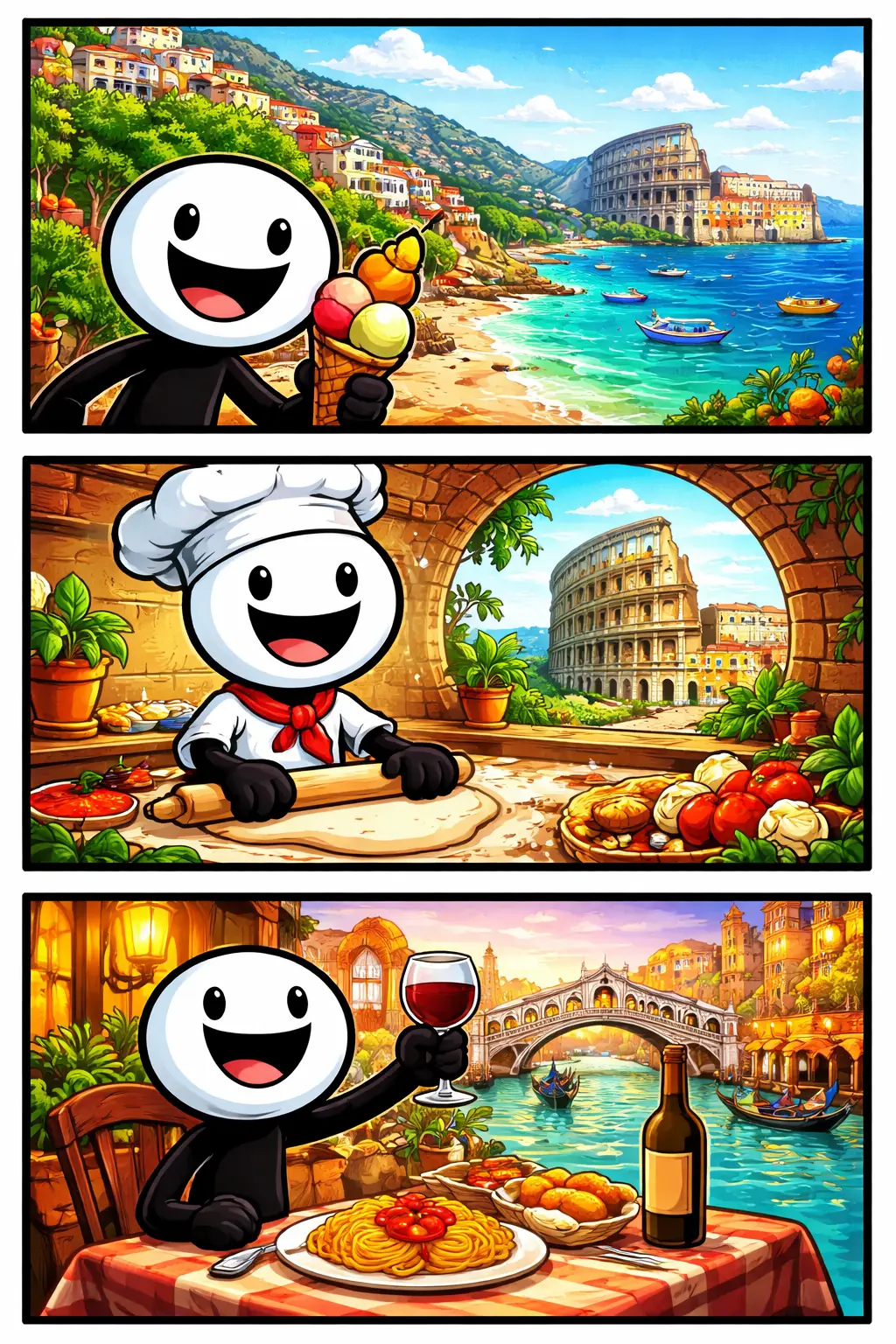 Stickman met witte kop en zwart lichaam in drie panelen die Italië verkennen — toonword Italië.