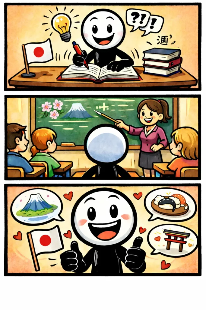 Stickman die enthousiast de Japanse taal leert, met het woord Japans duidelijk centraal in beeld. 日本語を楽しそうに学んでいるスティックマンで、中央に「日本語」という言葉がはっきり描かれている。