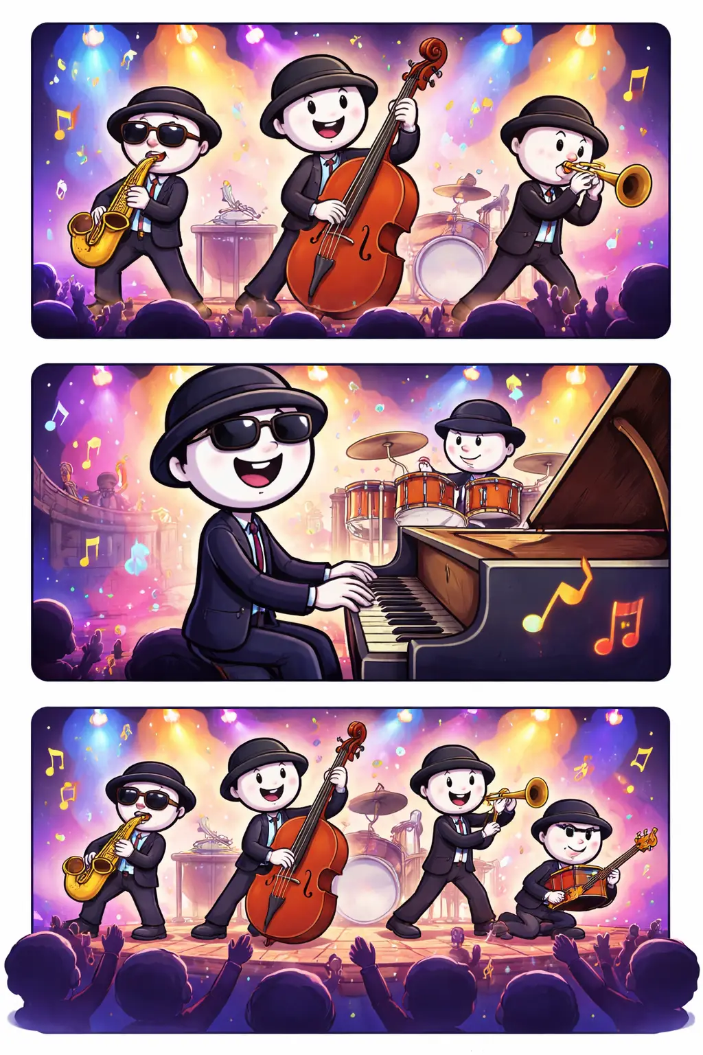 Stripafbeelding in Toonwords-stijl van een stickman die jazzmuziek maakt, zonder tekst.