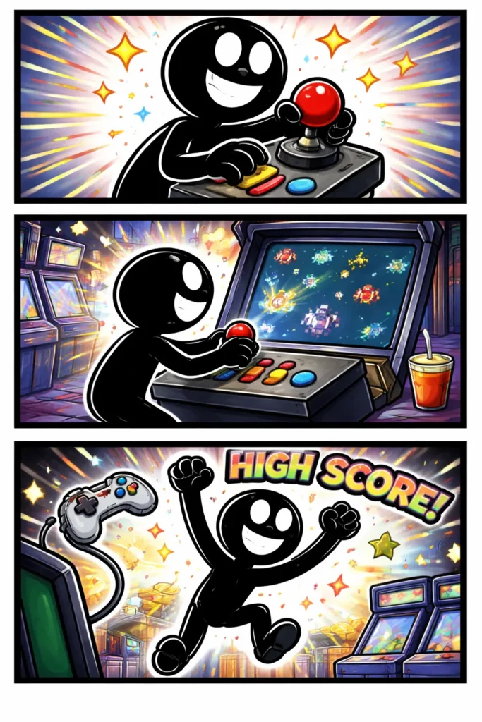 Driepaneel-strip met stickman in Toonwords-stijl die een joystick gebruikt om een game te besturen.
