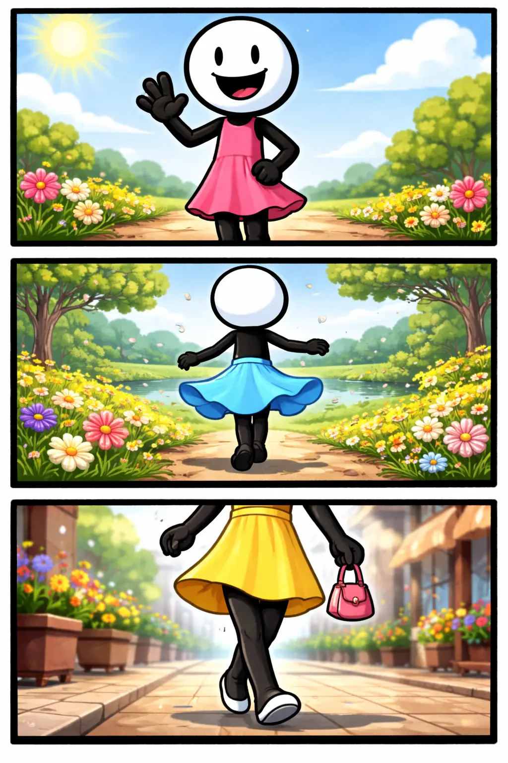 Stickman in Toonwords-stijl die een jurk draagt, weergegeven in drie verschillende cameraposities.