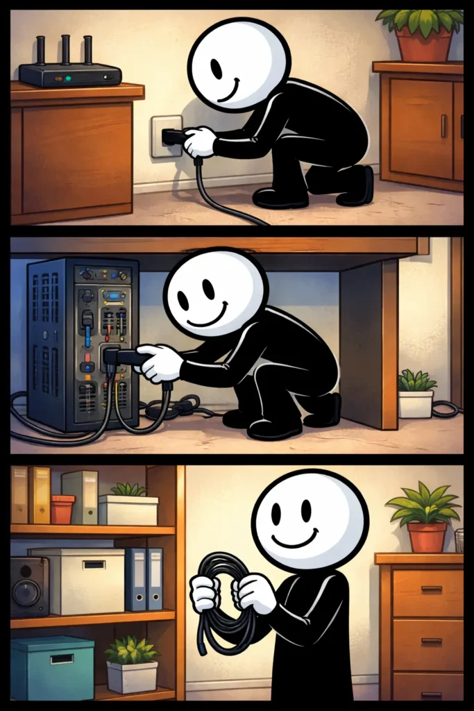 Een stickman plaatst een kabel zorgvuldig op de vloer terwijl hij de aansluiting controleert.