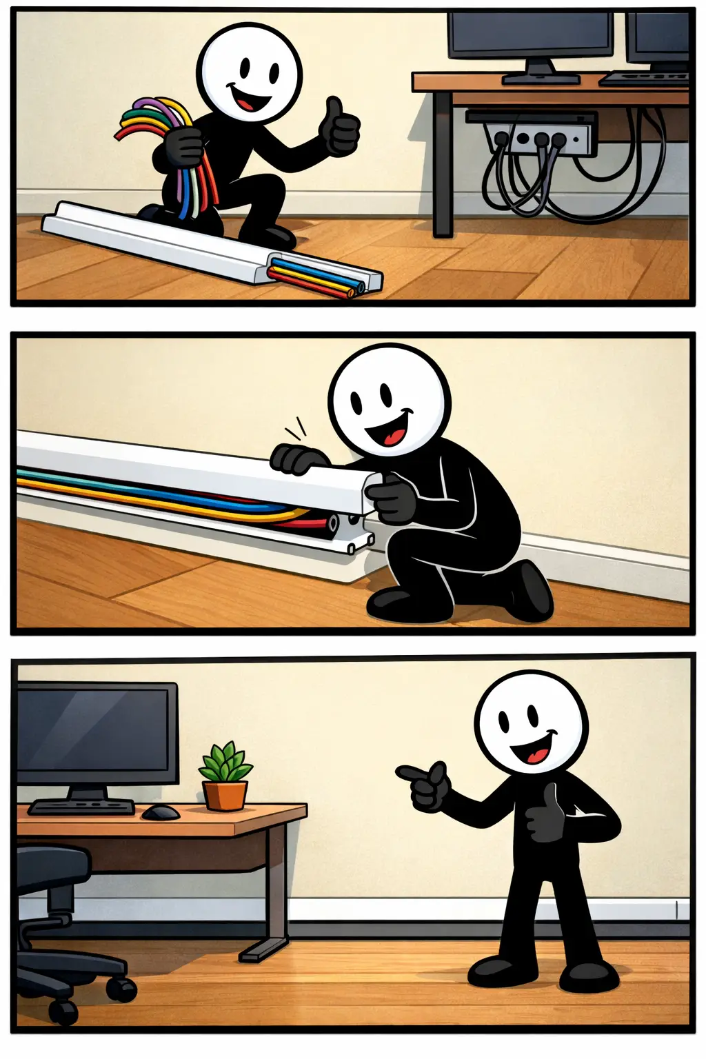 De stickman schuift kabels in een kabelgoot en klikt de afdekstrip stevig dicht.