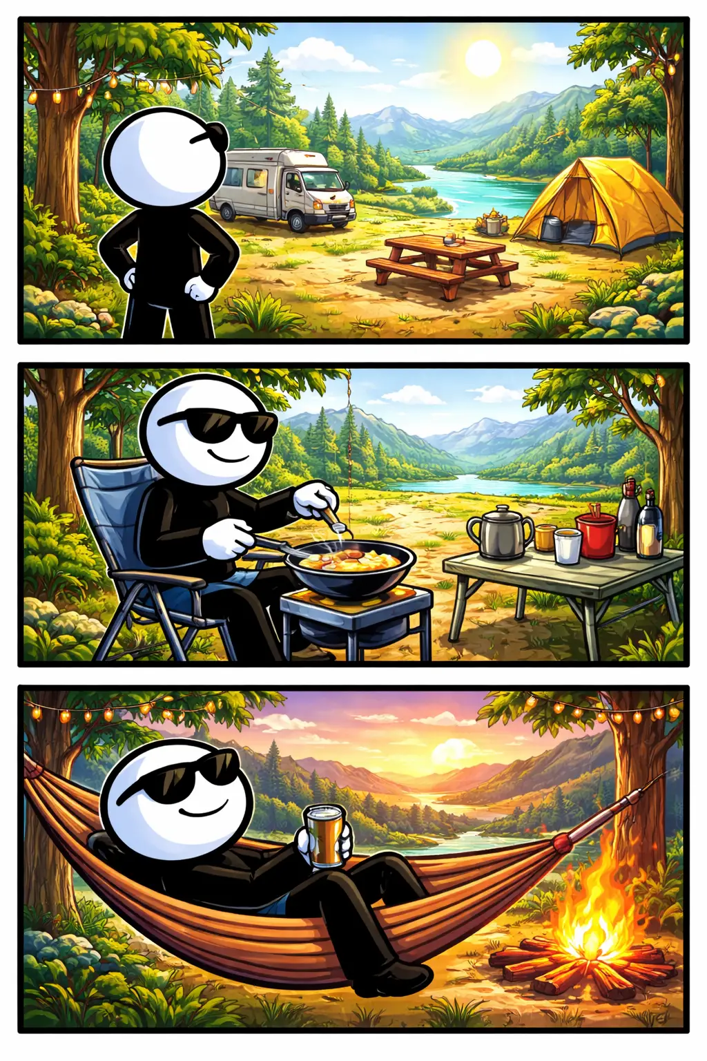 Toonwords-stripafbeelding van Kampeervakantie met een stickman die in drie panelen het buitenleven, een tent en ontspannen kampeermomenten beleeft.