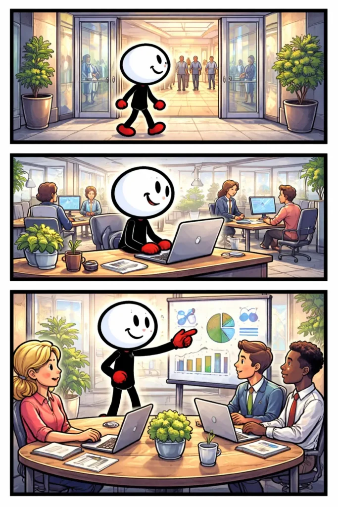 Stripafbeelding van een stickman op een Kantoor, eerst binnenkomend, daarna werkend aan een bureau en tenslotte presenterend in een vergaderruimte.