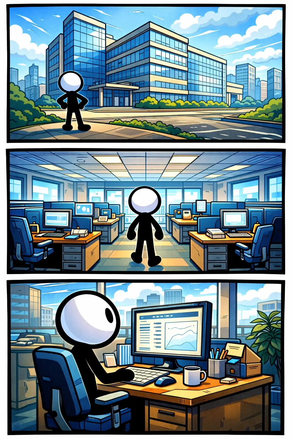 Toonwords-strip met een stickman bij een modern kantoorpand met ramen en meerdere verdiepingen.