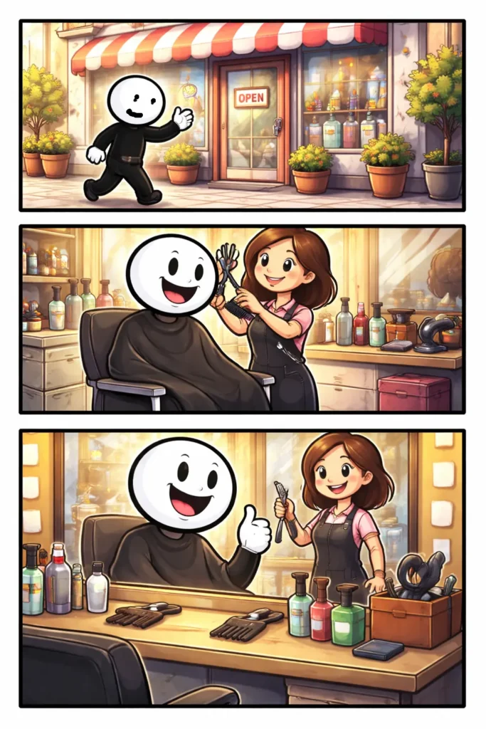 Toonwords-strip met een stickman in een kapsalon die wordt geknipt en tevreden in de spiegel kijkt.